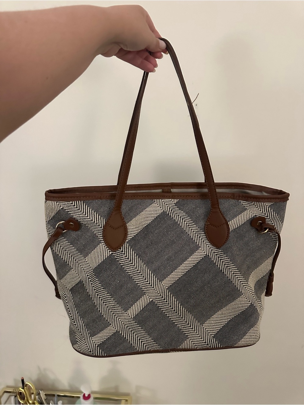 Canvas Tote Bag with Brown Faux Leather Trim - Black & Cream